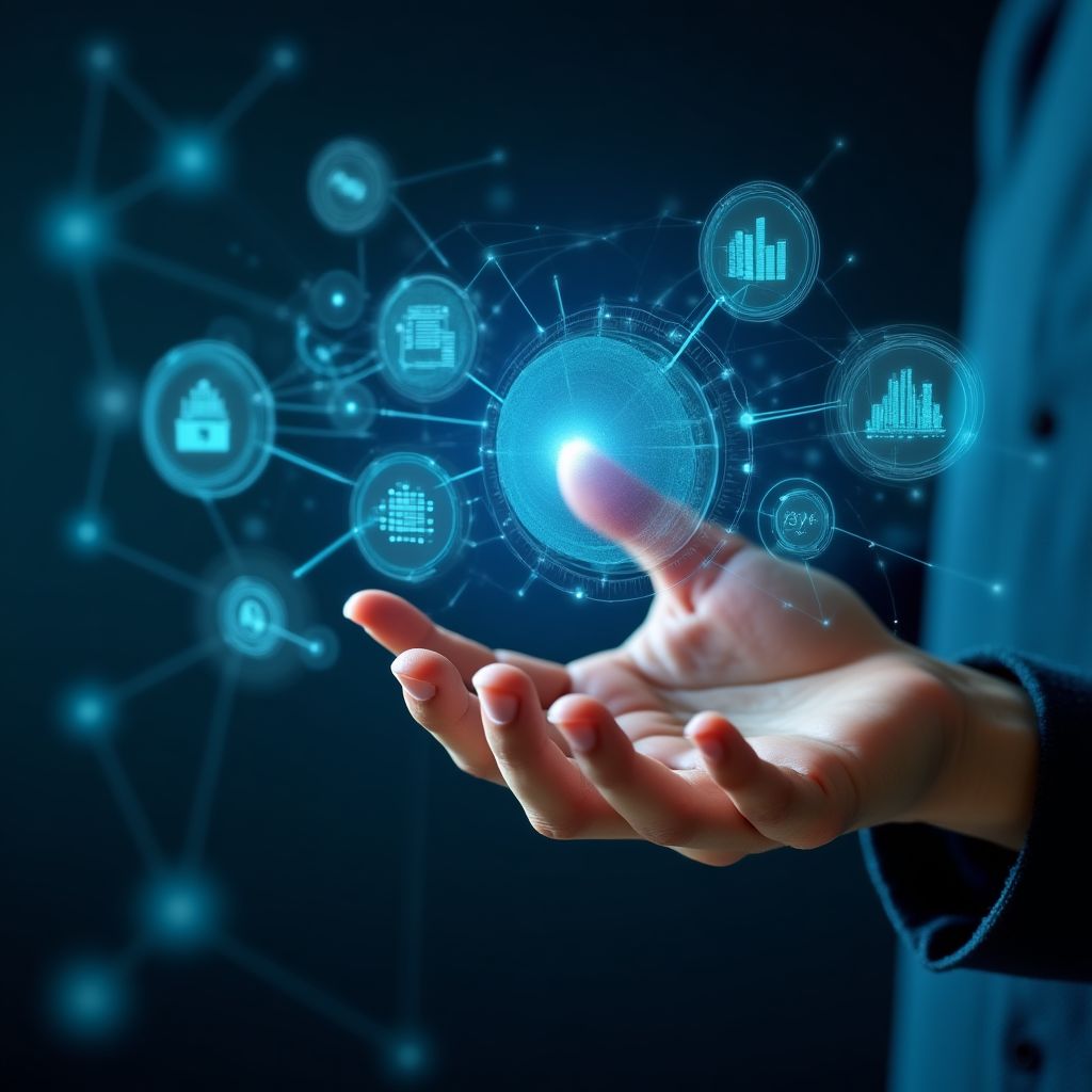 Person interagiert mit einer futuristischen digitalen Benutzeroberfläche